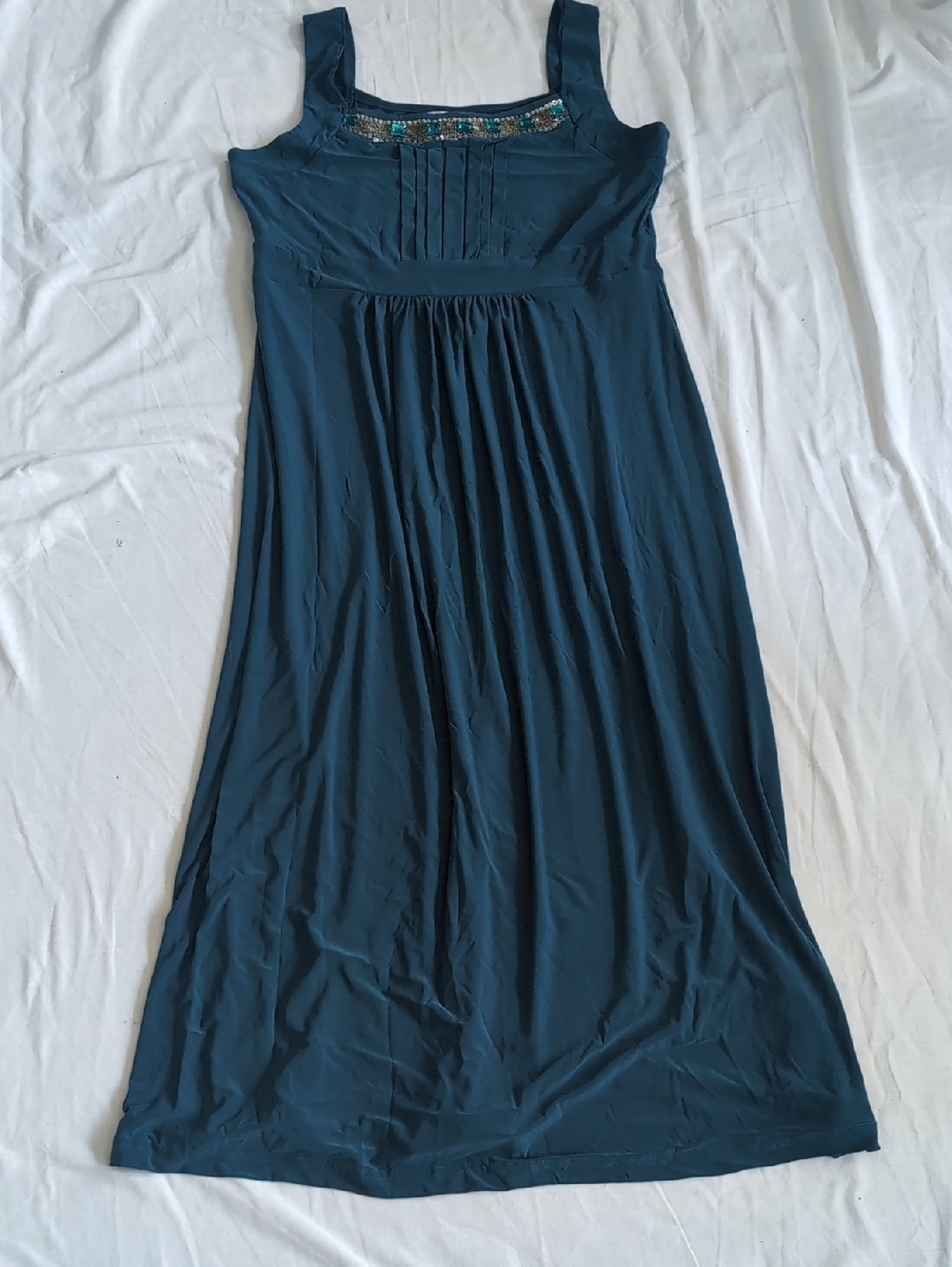 Sleeveless Teal Green Midi Dress with Beaded Neckline - 14